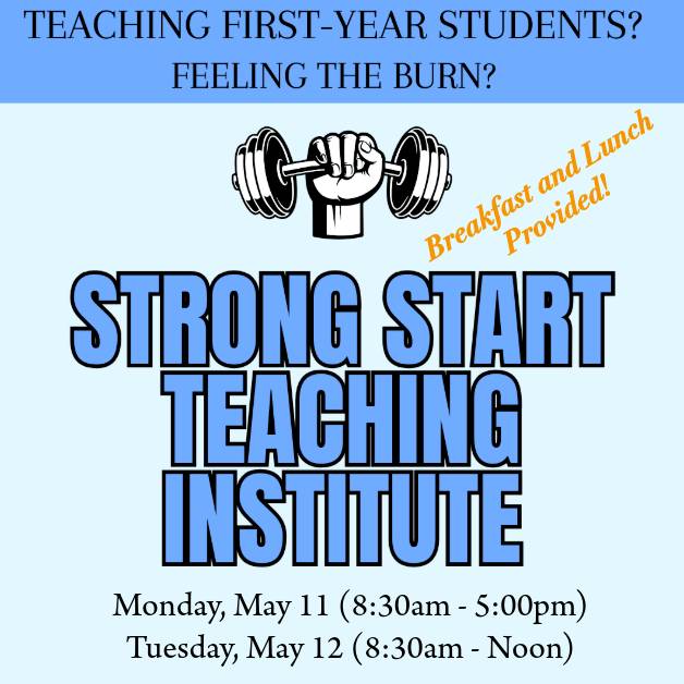 Promotional flyer for Strong Start Teaching Institute with event details and an illustration of a hand holding a dumbbell.